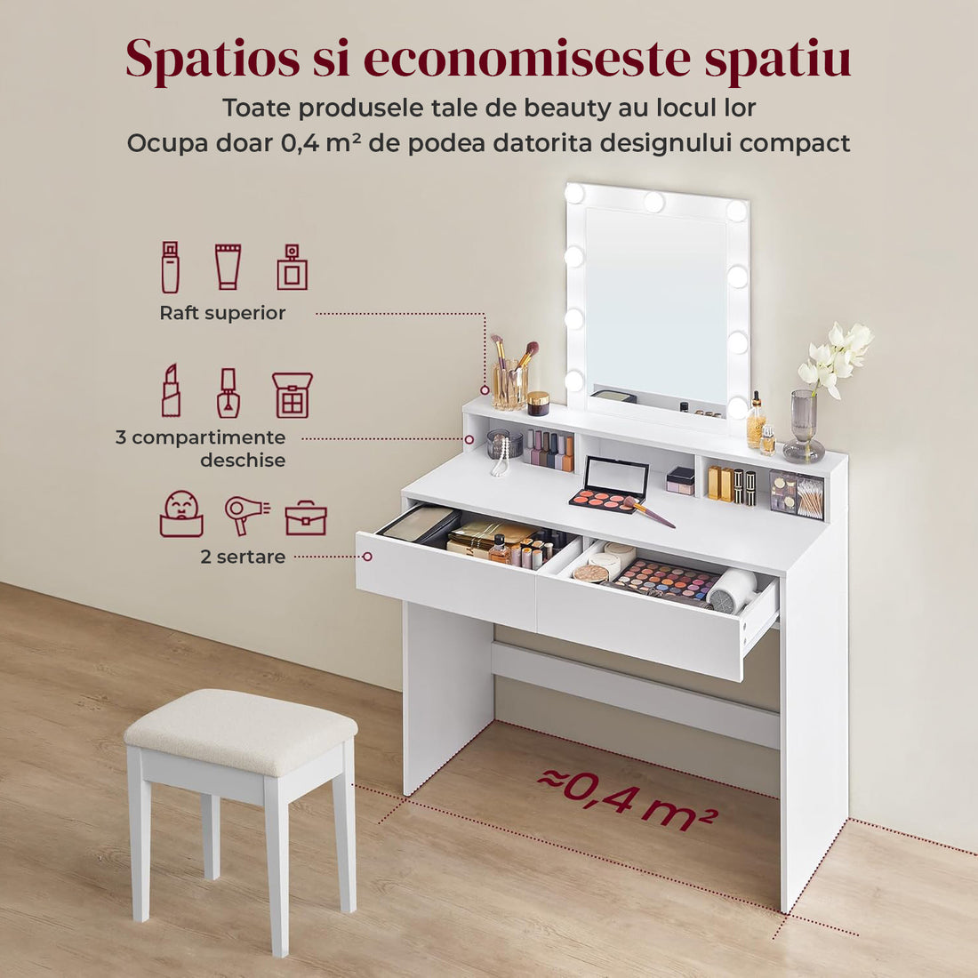 Masa de Machiaj Elindor®, cu Oglinda si Iluminare LED Reglabila, Spatiu Generos de Depozitare, 2 Sertare si 3 Compartimente, Fixare Anti-Rasturnare 40 × 100 × 145 cm, Alb