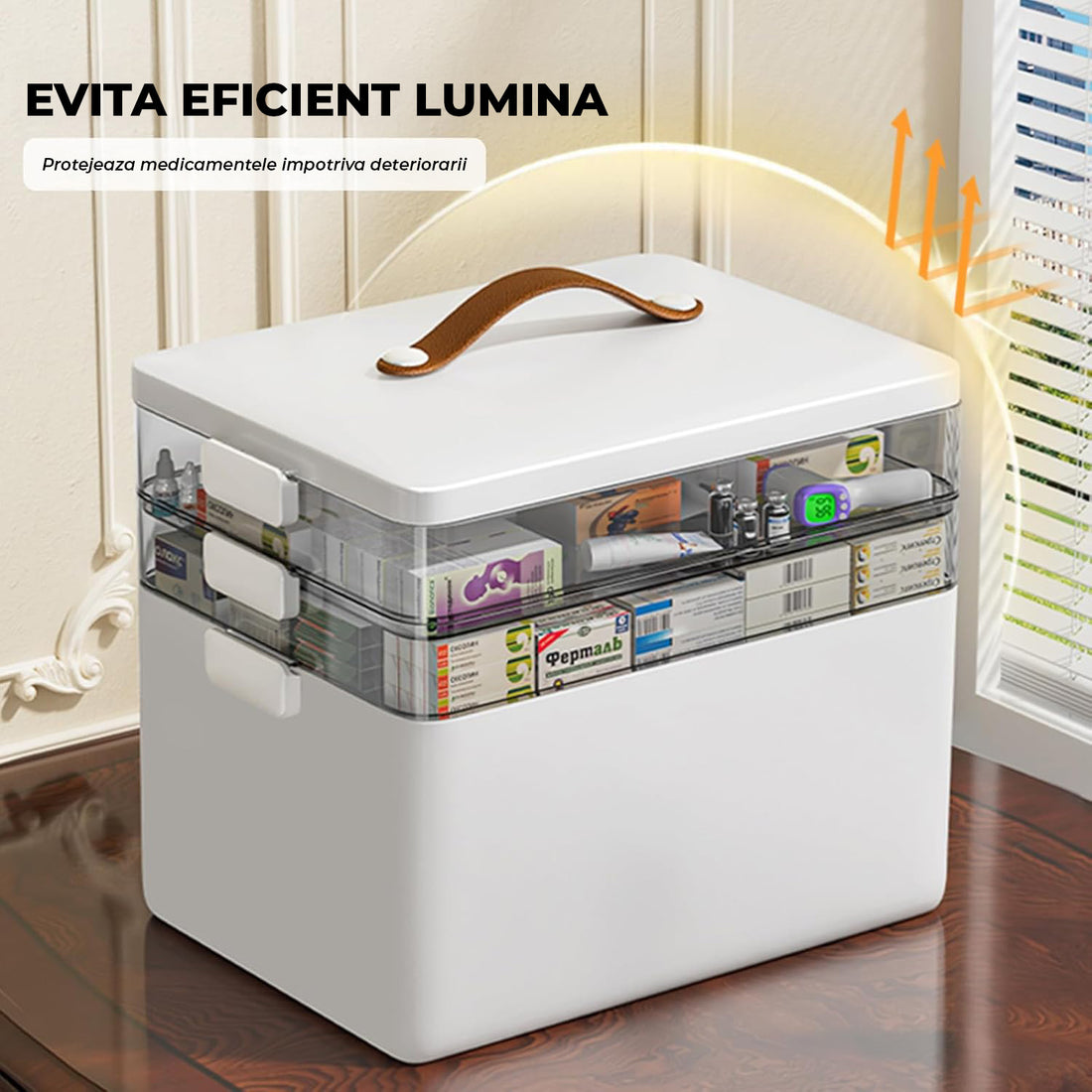 Cutie pentru Medicamente Elindor® cu 3 Compartimente, Cutii Depozitare, cu Capac si Maner Transport, pentru Sertar, Dulap Baie, Dormitor, pentru Pastile, Unguente si Accesorii Medicale25.5 × 22 × 34 cm, Alb