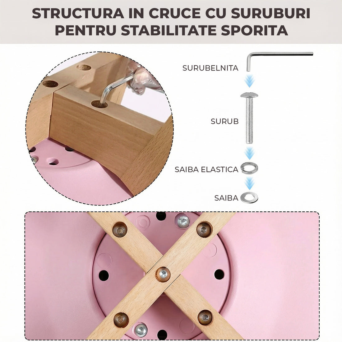 Set 4 Scaune Bucatarie Roz Elindor® din Piele Ecologica, Picioare din Lemn, Scaun Confortabil, Perna Sezut, Elegant, pentru Bucatarie, Dormitor, Living, 50 x 45 x 81 cm