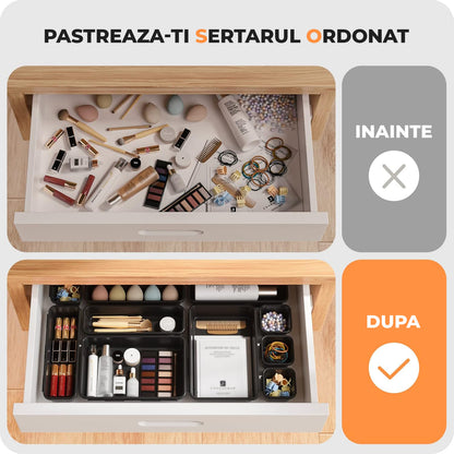 Set 22 Cutii Depozitare Elindor® Organizator pentru Bucatarie si Baie, 3 Marimi, Organizatoare Dulap si Sertare, Cutie pentru Sertar, Frigider, Camara, Baie, Bar, Birou, Cos Multifunctional, Separator Fructe, Legume, Creme, Parfumuri, PP