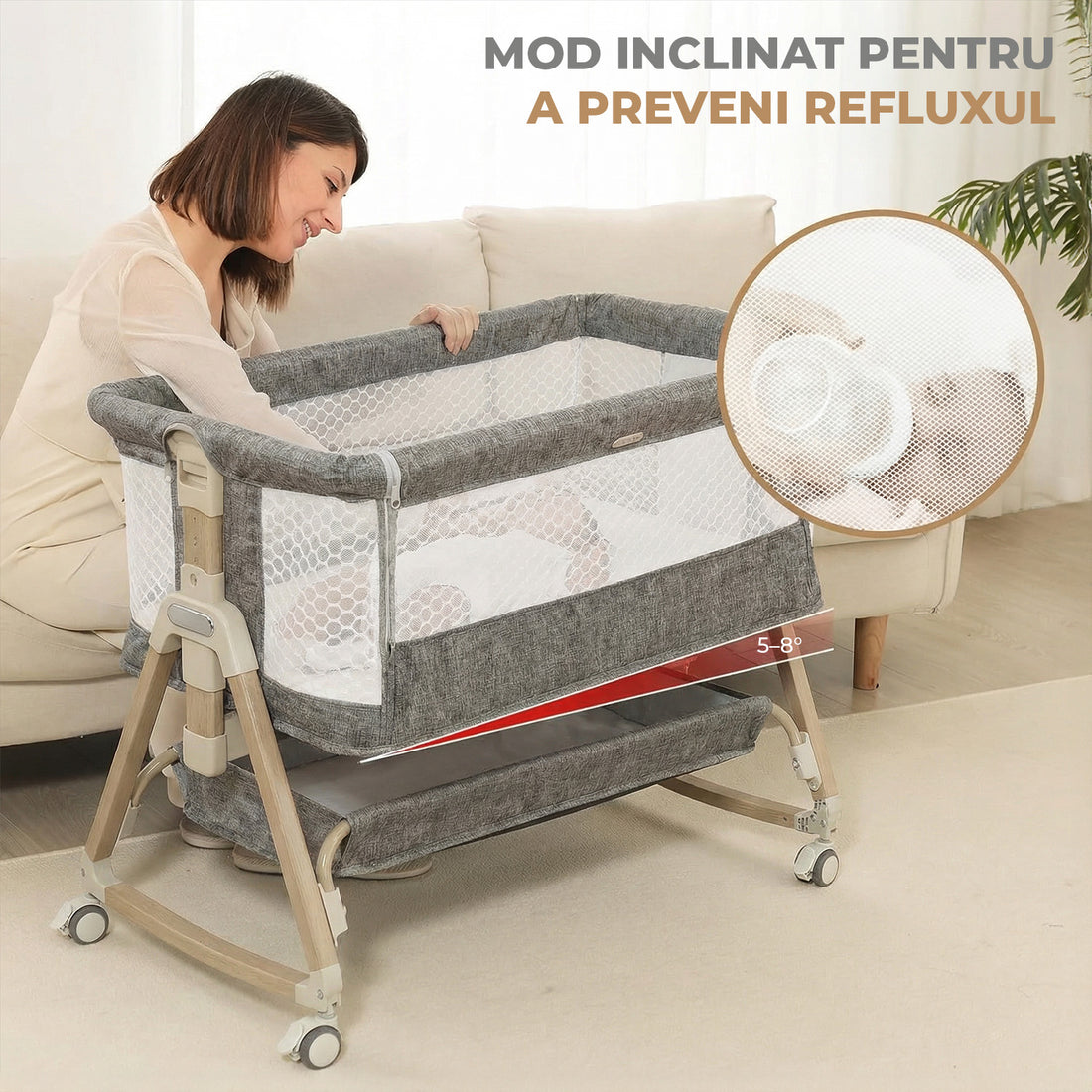 Patut Pliabil Bebelusi Elindor® 3 in 1, Copii 0-12 luni, Leagan Bebe, 6 Trepte de Inaltime Reglabila, Portabil, Plasa Laterala, Roti cu Sistem Blocare, Greutate Maxima 10 kg, Gri