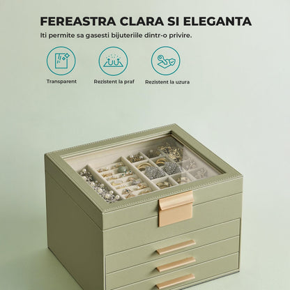 Cutie de Bijuterii Elindor® cu Capac, Organizator 4 Niveluri, 3x Sertar, Spatiu Depozitare Inel, Verighete, Lantisoare, Bratari, Cercei, Caseta din Material Catifelat, Rafinat, Simplu si Elegant, Piele Ecologica, 23×20x16.5 cm, Verde Masliniu