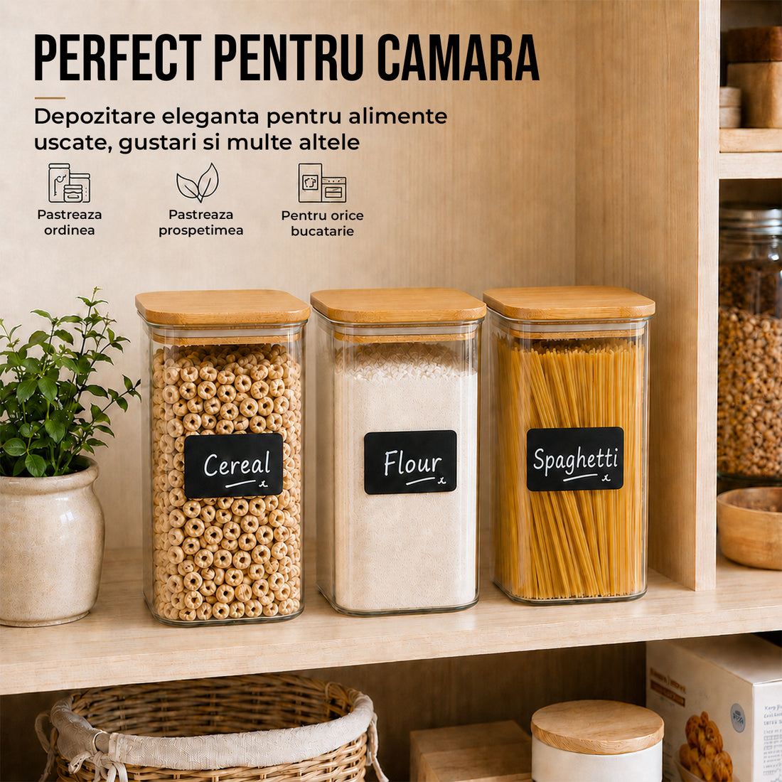 Set 3 Borcane din Sticla Elindor® cu Capac Ermetic din Bambus, Borcan 1500 ml, Marker si Etichete Incluse, Ideal pentru Condimente, Fructe Uscate, Cafea, Zahar, Recipient Depozitare in Bucatarie, 20 × 10 cm, Transparent