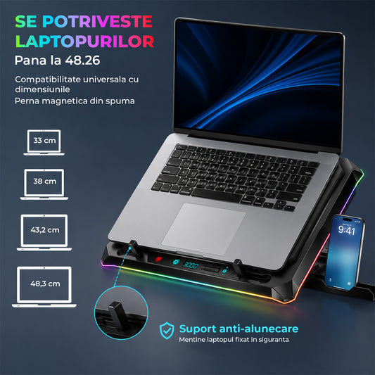 Cooler Laptop Gaming Elindor® cu Turbo Fan 14 cm, Iluminare RGB 10 Moduri, Control LCD, Inaltime Ajustabila in 5 Nivele, Suport Telefon Stanga/Dreapta, Viteza Reglabila 3800 RPM, 42 x 32 x 5.5 cm, Negru