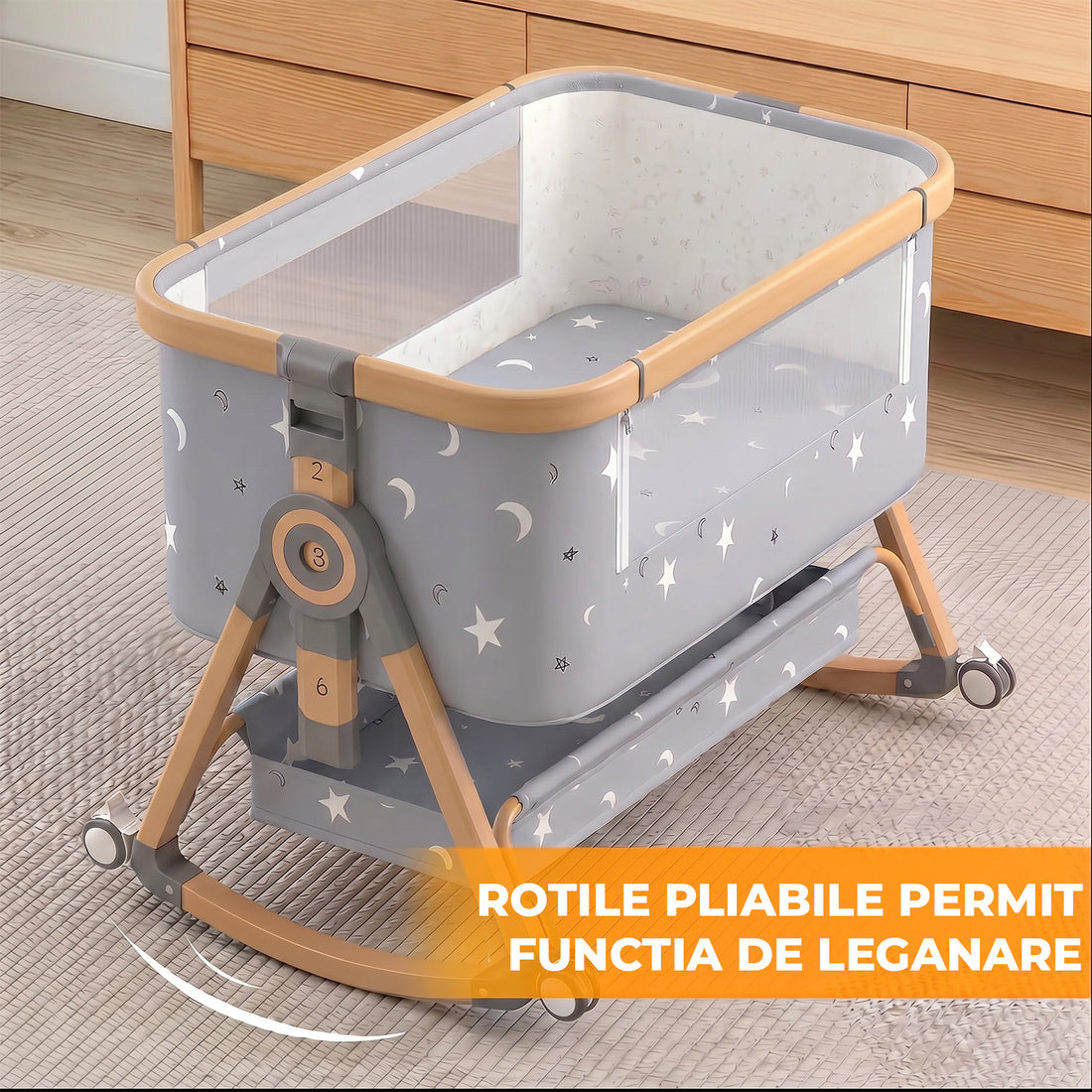 Patut Pliabil Bebelusi Elindo® 3 in 1, Copii 0-6 luni, Leagan Bebe pe 6 Nivele de Inaltime, Cos Depozitare, Portabil, Plasa Laterala, Roti cu Sistem Blocare, Saltea Integrata, Greutate Maxima 9-12 kg, Model cu Stele, Gri