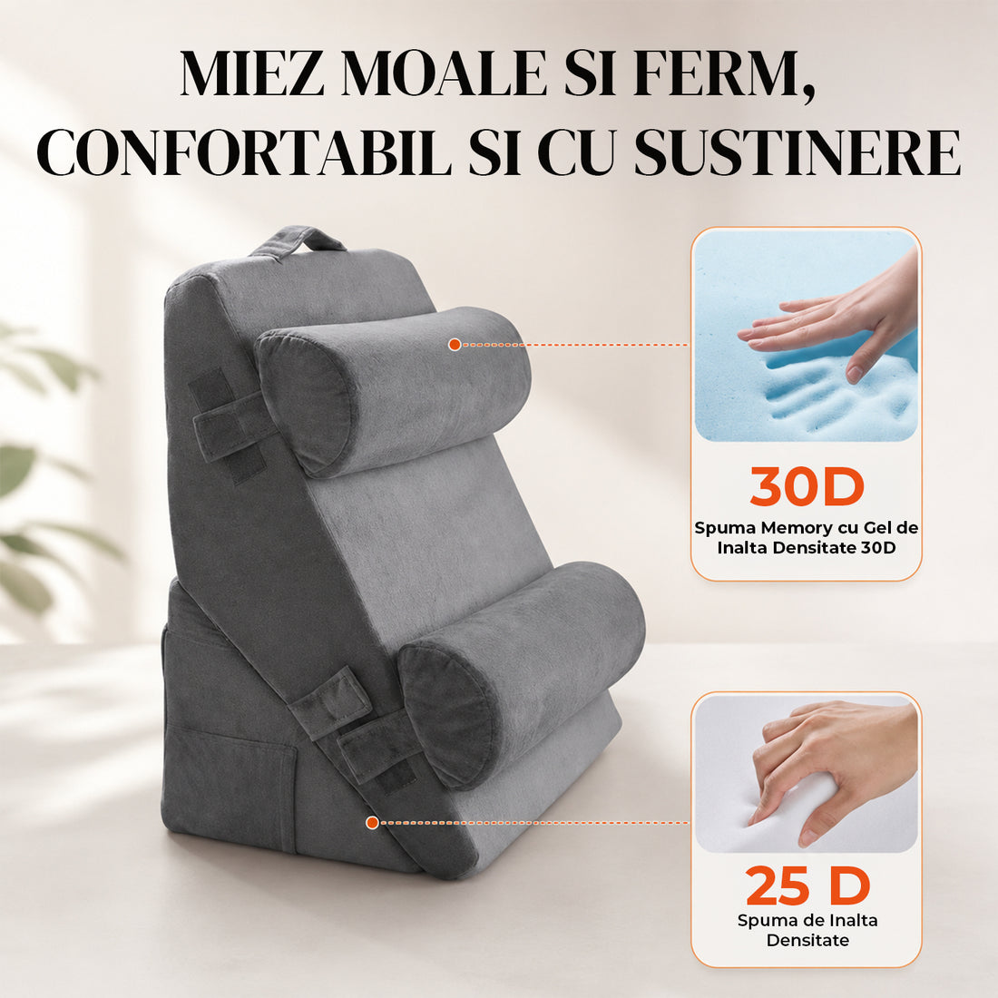 Perna Ergonomica Elindor®, Perna Wedge pentru Circulatie si Recuperare, Suport pentru Genunchi, Picioare si Trunchi, cu Spuma cu Memorie, Husa Textila, 56 × 56 × 30,5 cm, Gri