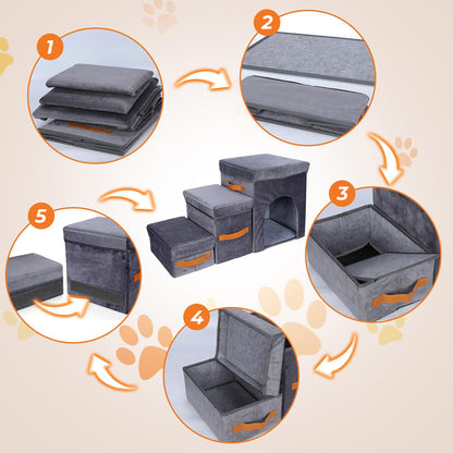 Scari Animale Elindor®, 3 Trepte pentru Caini si Pisici cu Spatiu Depozitare, Trepte Antiderapante pentru Pat sau Canapea, Structura din Placa de Inalta Densitate si Material Textil, pentru Dormitor, Living, 78 x 45 x 34 cm, Gri