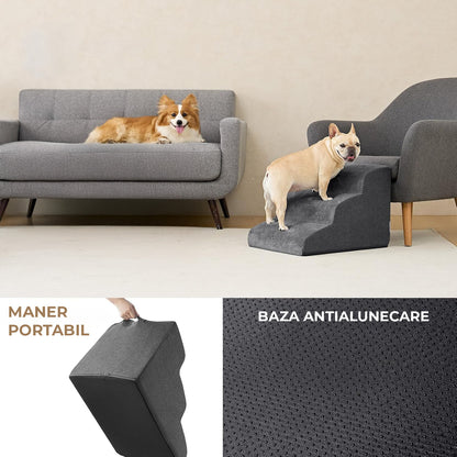 Scari Animale Elindor®, 3 Trepte pentru Caini si Pisici cu Spatiu Depozitare, Trepte Antiderapante pentru Pat sau Canapea, Structura din Placa de Inalta Densitate si Material Textil, pentru Dormitor, Living, 40 × 57 × 35 cm, Gri