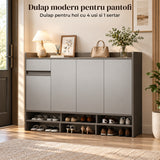 Dulap Pantofi Elindor®, pentru Hol, 4 Usi, 1 Sertar, Rafturi Interioare si Compartimente Deschise, Capacitate Mare, 120 x 30 x 100 cm, Gri
