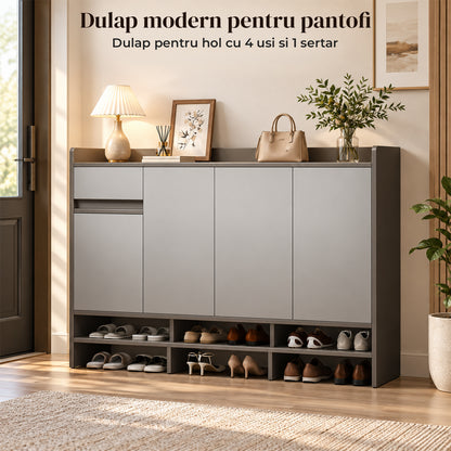 Dulap Pantofi Elindor®, pentru Hol, 4 Usi, 1 Sertar, Rafturi Interioare si Compartimente Deschise, Capacitate Mare, 120 x 30 x 100 cm, Gri