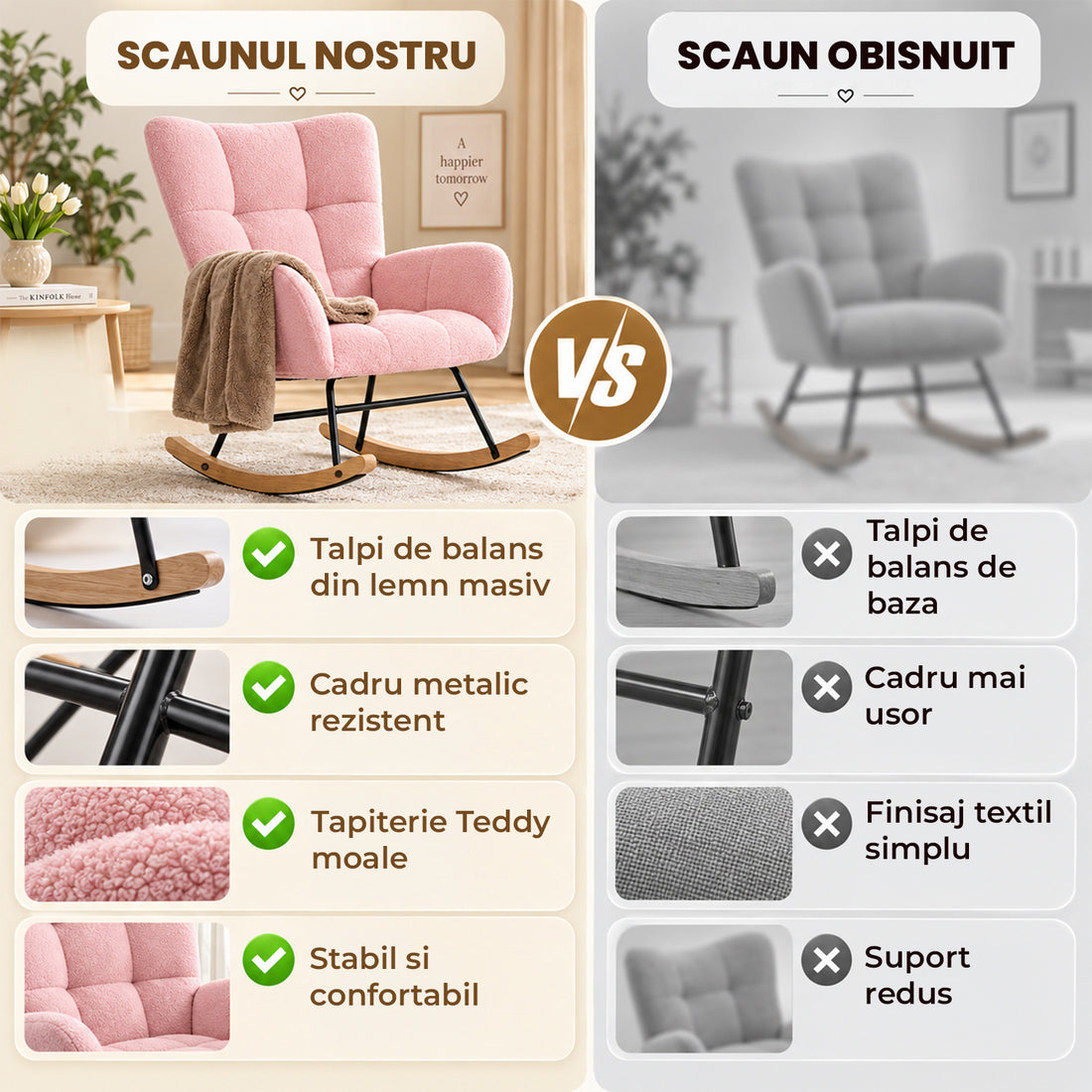 Fotoliu Balansoar Elindor® cu Spatar, Ergonomic, Cadru Solid din Otel, Ideal pentru Living, Dormitor, Camera Copilului, 68 x 88 x 93 cm, Roz