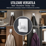 Set 6 Carlige Adezive Elindor® din Otel Inoxidabil, Montare Fara Gaurire, Greutate Mxima Suportata 10 kg, Design patrat si Colturi Rotunjite, Instalare Usoara, Ideal pentru Baie, Bucatarie sau Birou, 4.5 x 4.5 cm, Alb