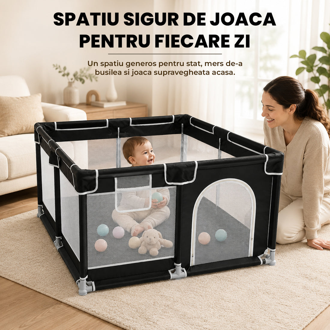 Tarc de Joaca pentru Bebelusi si Copii Elindor® cu Husa Groasa din Spuma, Spatiul Sigur de Joaca, Plasa de Protectie, Include Usa cu Fermoar, Materiale Eco-Friendly și Non-Toxice, Varsta 0-5 ani, 150 x 150 x 65 cm, Negru