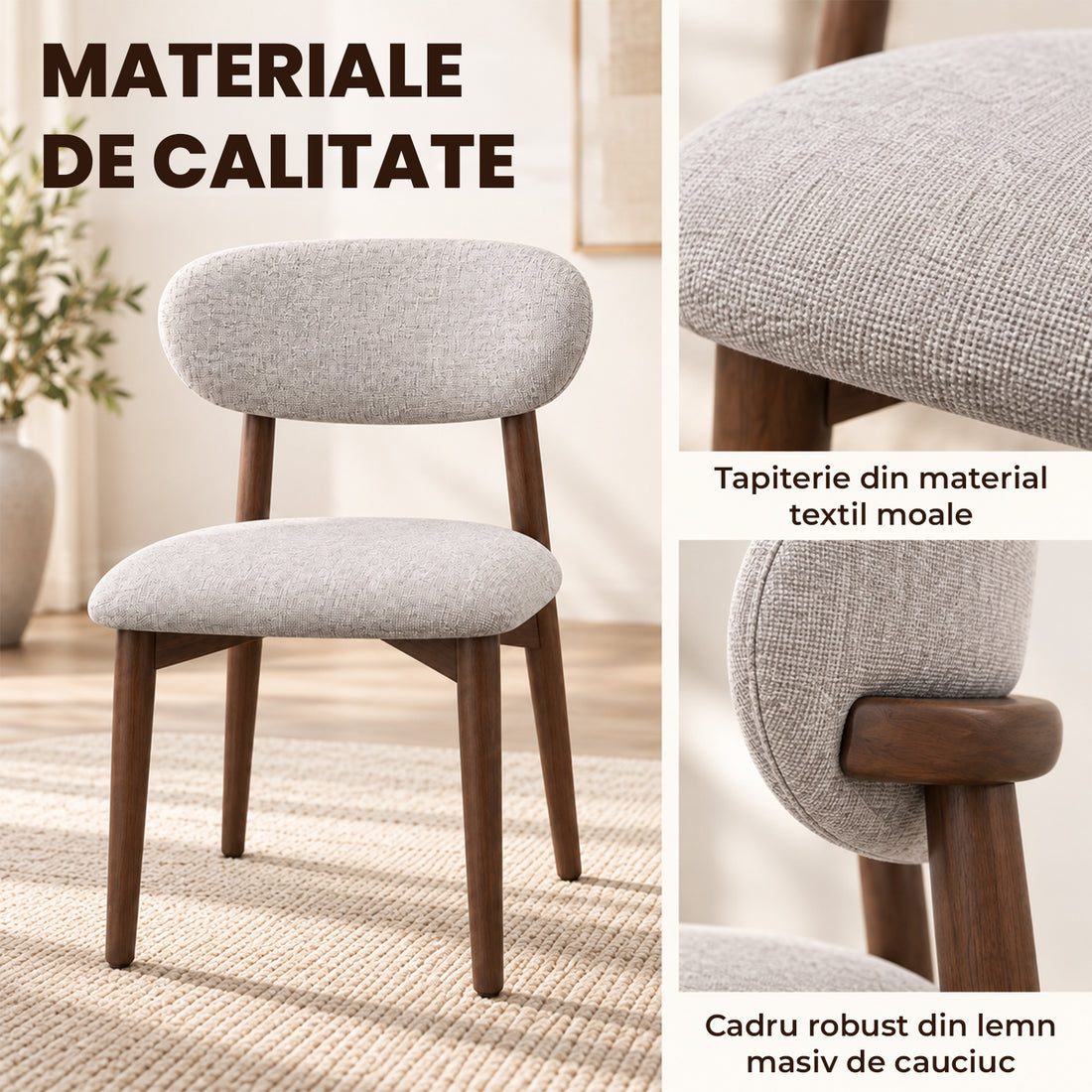 Set 2 Scaune Elindor® Ergonomice, Design Contemporan, Scaun cu Spatar si fara Manere, din Bumbac si In cu Picioare Maro Inchis, Potrivite pentru Living, Bucatarie, Birou, Dormitor, Gri Deschis
