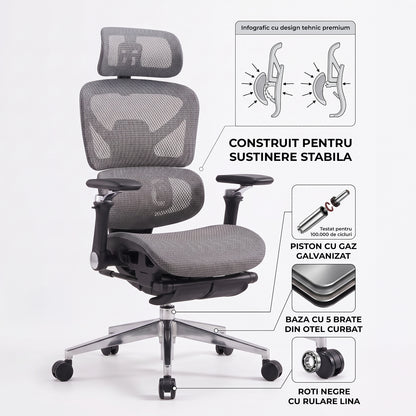 Scaun de Birou Elindor® Ergonomic, cu Functie de Masaj, Scaun cu Spatar si Manere, din Plasa, Suport pentru Picioare si Lombar, cu Roti, Inaltime Reglabila 115 - 125 cm, Negru