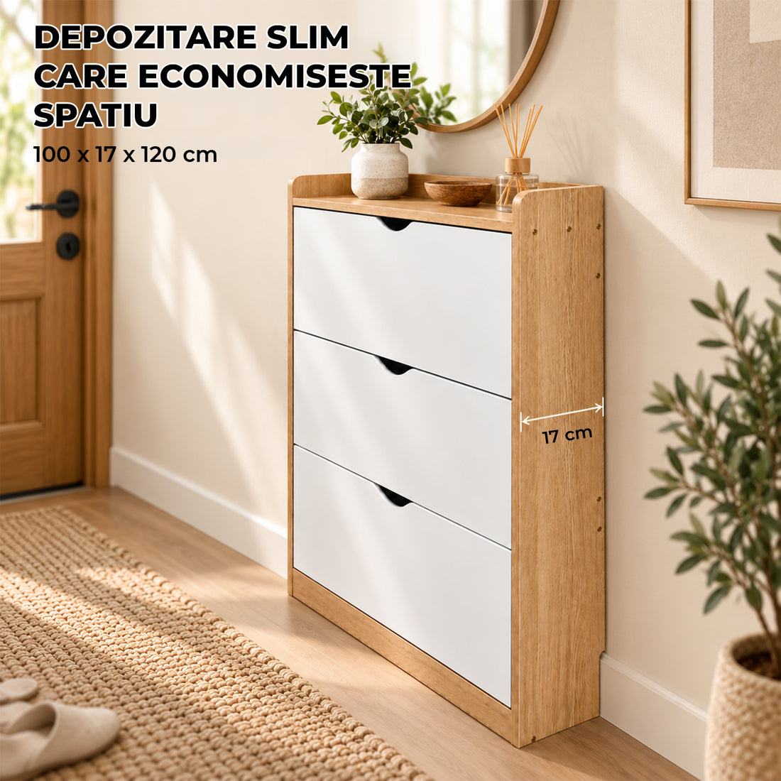 Dulap pentru Pantofi Elindor® Organizator Tip Pantofar cu 4 Niveluri, Fara Gauri, Suport pentru Papuci, Dulap Hol, Living, Dormitor, Economisire Spatiu, Depozitare Incaltaminte, 120 x 100 x 17 cm, Alb / Bej