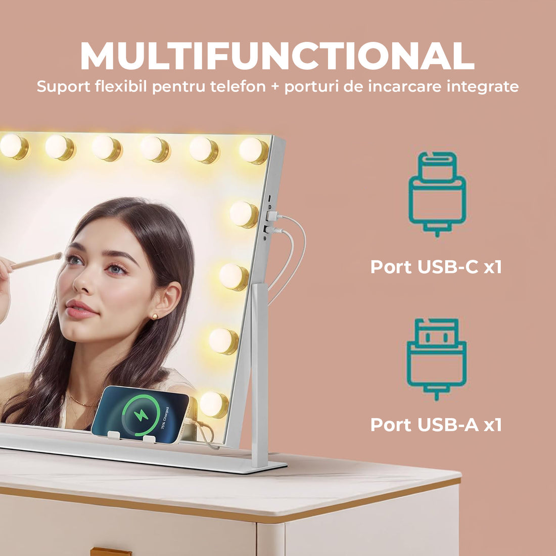 Oglinda Cosmetica Iluminata Led 360° Elindor® de Masa, Buton Touch, Luminozitate Ajustabila, Efect de Marire Lupa 10X, Oglinzi Cosmetice pentru Coafor, Barbierit, Pensat, Vopsit, Tuns si Machiaj, Frizerie, 58X43 cm, Alb