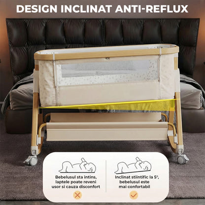 Patut Pliabil Bebelusi Elindor® 4 in 1, Copii 0-12 luni, Leagan Bebe, 6 Trepte de Inaltime Reglabila, Portabil, Plasa Laterala, Roti cu Sistem Blocare, Greutate Maxima 10 kg, Bej