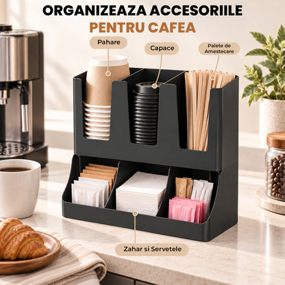 Organizator Multifunctional Elindor® pentru Bucatarie, Cafea si Birou, 6 Compartimente, Suport pentru Pahare, Capace, Pliculete si Accesorii, Design Compact, Ideal pentru Cafenele, Localuri, Acasa, ABS, 29.8 x 13.8 x 29.2 cm, Negru