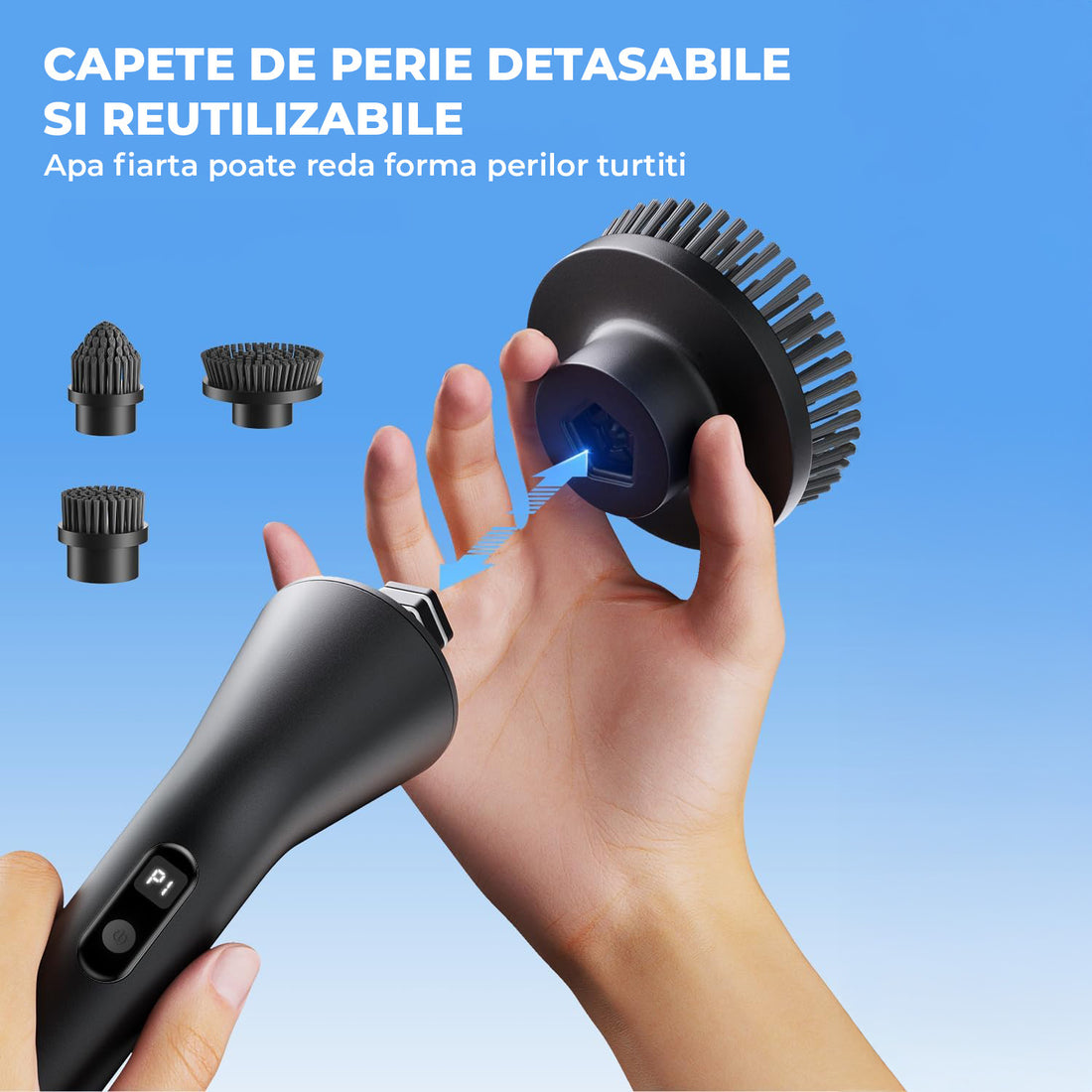 Perie Electrica Rotativa Elindor®, IPX7, 7 Capete Interschimbabile, Maner Telescopic 71.2 cm din Otel Inoxidabil, 2 Trepte de Viteza, 90 Minute Autonomie, pentru Curatare Bucatarie, Baie, Pardoseala, Geamuri, Negru