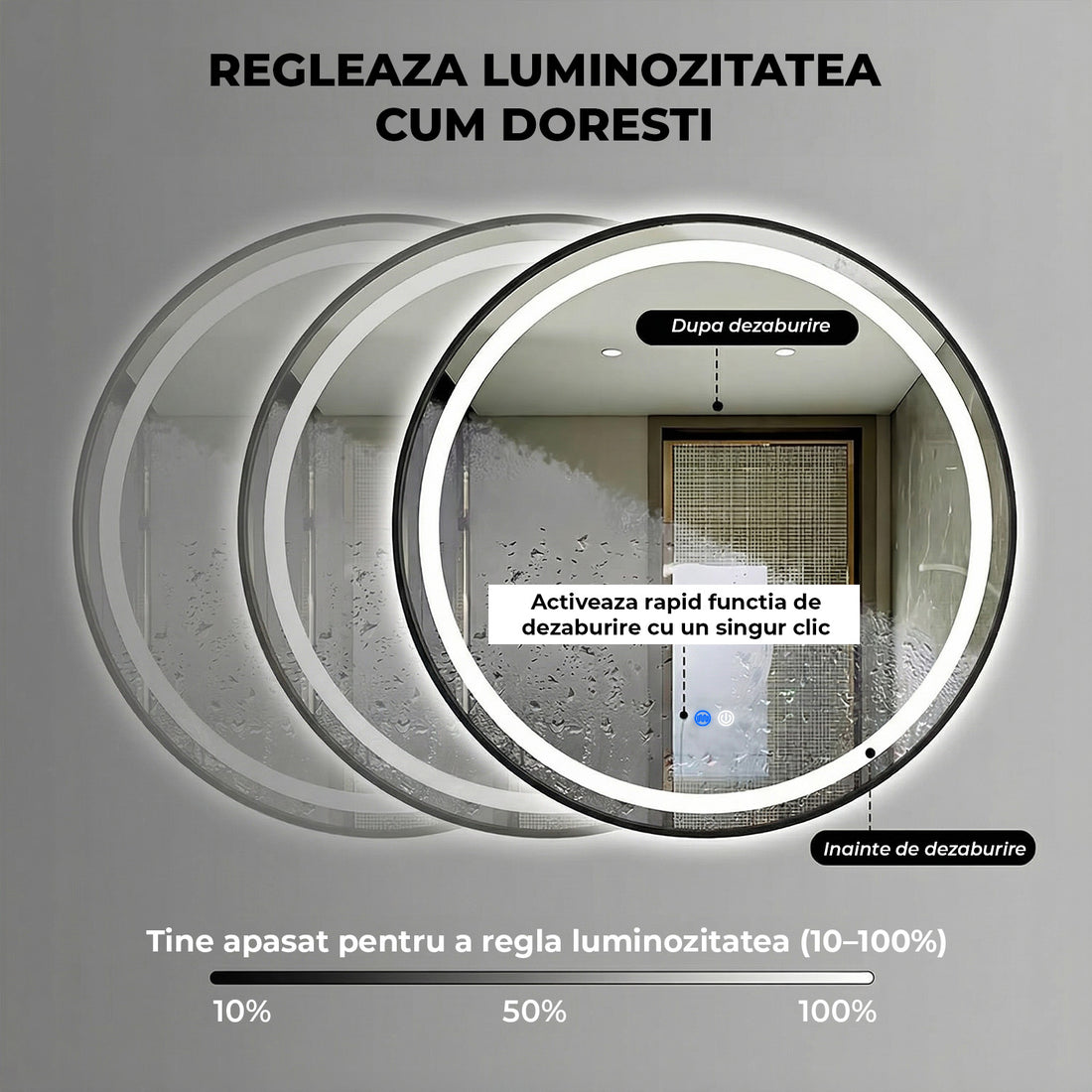 Oglinda de Perete Elindor® Rotunda, Antiaburire, cu Rama Neagra, Ideala pentru Baie, Iluminare Led, 3 Culori Lumina, Dimabila, Buton ON/OFF Luminat si Noaptea, Rezistenta la Umiditate IP44, 60 x 60 cm