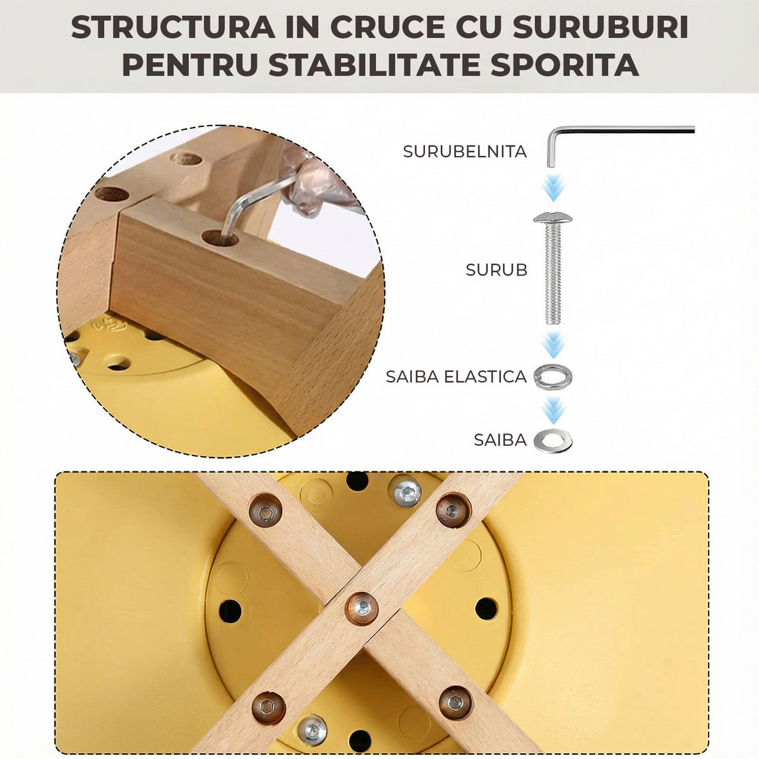 Set 4 Scaune Bucatarie Elindor® din Piele Ecologica, Picioare din Lemn, Scaun Confortabil, Perna Sezut, Elegant, pentru Bucatarie, Dormitor, Living, 50 x 45 x 81 cm, Galben