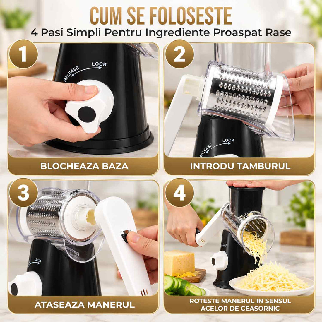 Razatoare Rotativa 3 in 1 Elindor® cu Maner, Lame din Otel Inoxidabil, Tocator Legume, Razatoare Branza, Morcovi, Varza, Ustensila de Bucatarie, Design Compact, Multifunctional, Negru