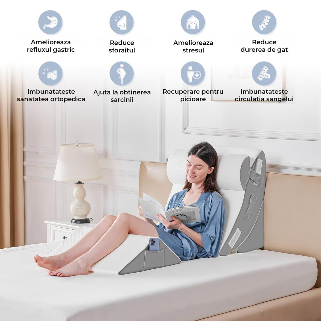 Perna Ortopedica Triunghiulara Elindor® pentru Pat, Perna din Spuma cu Memorie, Set 4 Piese, Suport Spate, Cap, Post-Operator, Anti-Reflux, Antisforait, Antirid, Husa Detasabila cu Fermoar, Reglabil cu Velcro, 57 x 57 cm, Alb / Gri