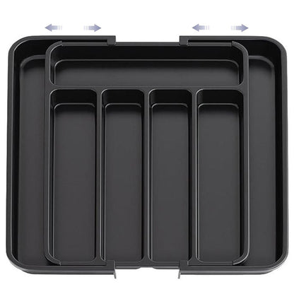 Organizator Elindor® pentru Tacamuri si Ustensile de Bucatarie, 5-7 Compartimente, Sertar Extensibil, Suport Ajustabil pentru Cutite, Linguri, Furculite, Accesorii Bucatarie, Separator Sertar, 32 × 22 × 4 cm, Negru