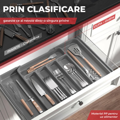 Organizator Elindor® pentru Tacamuri si Ustensile de Bucatarie, 5-7 Compartimente, Sertar Extensibil, Suport Ajustabil pentru Cutite, Linguri, Furculite, Accesorii Bucatarie, Separator Sertar, 31 × 22 × 4 cm, Gri