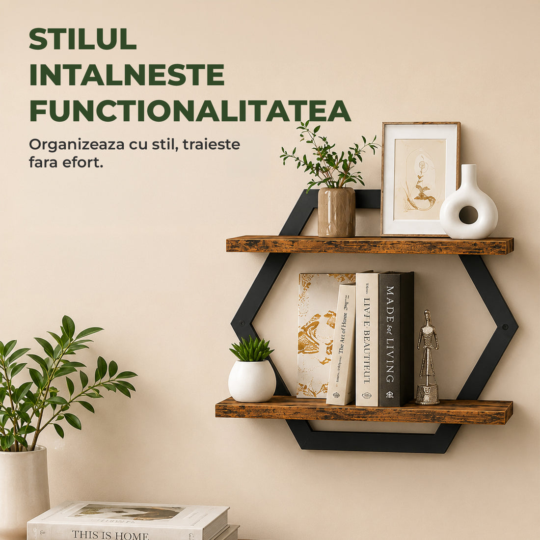 Set 2 Rafturi Elindor®, Raft Suspendat de Depozitare, Mobila Bucatarie, Dormitor, Baie sau Birou, Etajera Practica cu Design Aerisit, Usor de Asamblat, Perfecta pentru Organizare Carti, Condimente, Polita Produse Diverse, 80 x 39 x 18.5 cm, Maro / Negru