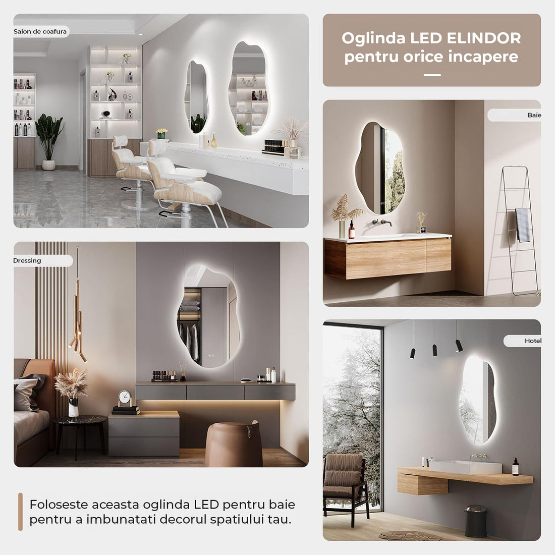 Oglinda de Perete Elindor® Asimetrica, fara Rama, Decorativa, Verticala / Orizontala, Eleganta, Ideala pentru Baie, Birou, Hol, Living, Dressing, Iluminare Led, Intensitate Ajustabila, Antiaburire, Tempera de Culoare 4500K, 85 x 52 cm