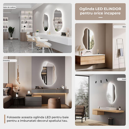 Oglinda de Perete Elindor® Asimetrica, fara Rama, Decorativa, Verticala / Orizontala, Eleganta, Ideala pentru Baie, Birou, Hol, Living, Dressing, Iluminare Led, Intensitate Ajustabila, Antiaburire, Tempera de Culoare 4500K, 85 x 52 cm