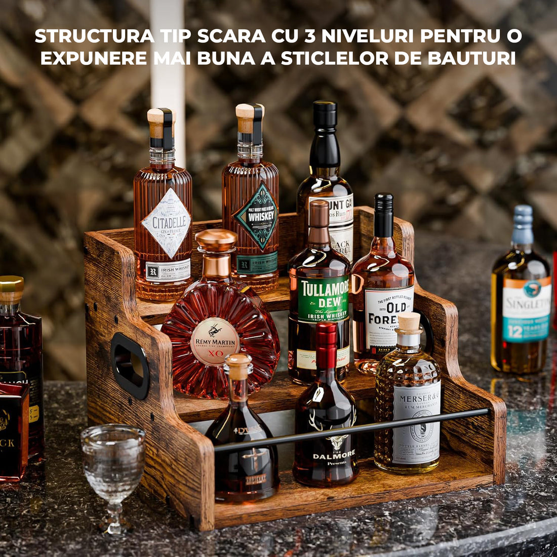 Raft Expunere Sticle Elindor®, Suport Bauturi 3 Niveluri pentru Bar sau Bucatarie, din Lemn, Design Vintage, pentru Vin, Whiskey, Rom, 40 × 30 × 23.8 cm, Maro