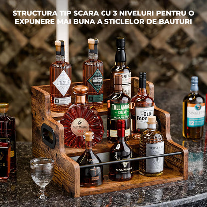 Raft Expunere Sticle Elindor®, Suport Bauturi 3 Niveluri pentru Bar sau Bucatarie, din Lemn, Design Vintage, pentru Vin, Whiskey, Rom, 40 × 30 × 23.8 cm, Maro