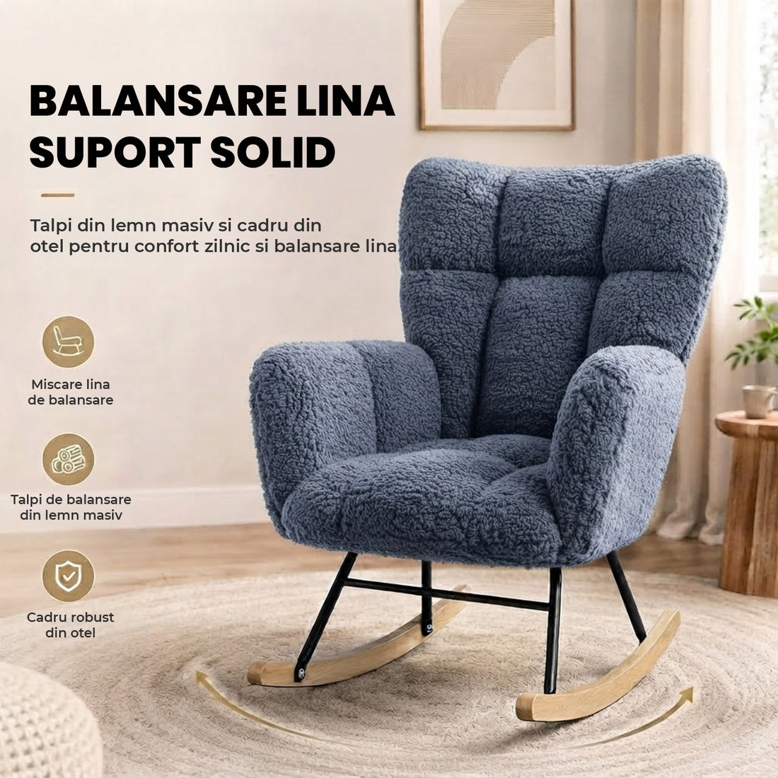 Fotoliu Balansoar Elindor® cu Spatar, Ergonomic, Cadru Solid din Otel, Ideal pentru Living, Dormitor, Camera Copilului, 68 x 88 x 93 cm, Albastru-Gri