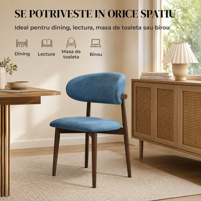 Set 2 Scaune Elindor® Ergonomice, Design Contemporan, Scaun cu Spatar si fara Manere, din Bumbac si In cu Picioare Maro Inchis, Potrivite pentru Living, Bucatarie, Birou, Dormitor, Albastru Inchis