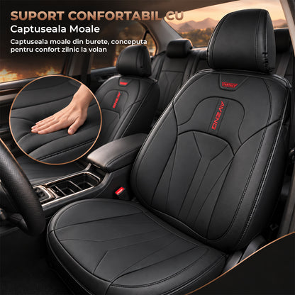 Set 5 Huse Scaune de Masina Elindor®, Huse Auto Piele, Impermeabile, Universale, Protectie Scaun Fata si Spate, Montaj Rapid, Accesorii Masina Interior, Negru