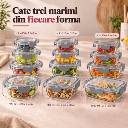 Set de 12 Caserole Elindor® din Sticla Borosilicata, Recipiente Ingrediente pentru Bucatarie, pentru Alimente Uscate, Recipient pentru Depozitare Zahar, Cafea, Paste, Cereale, Capac Etans, 320–1040 ml, Gri