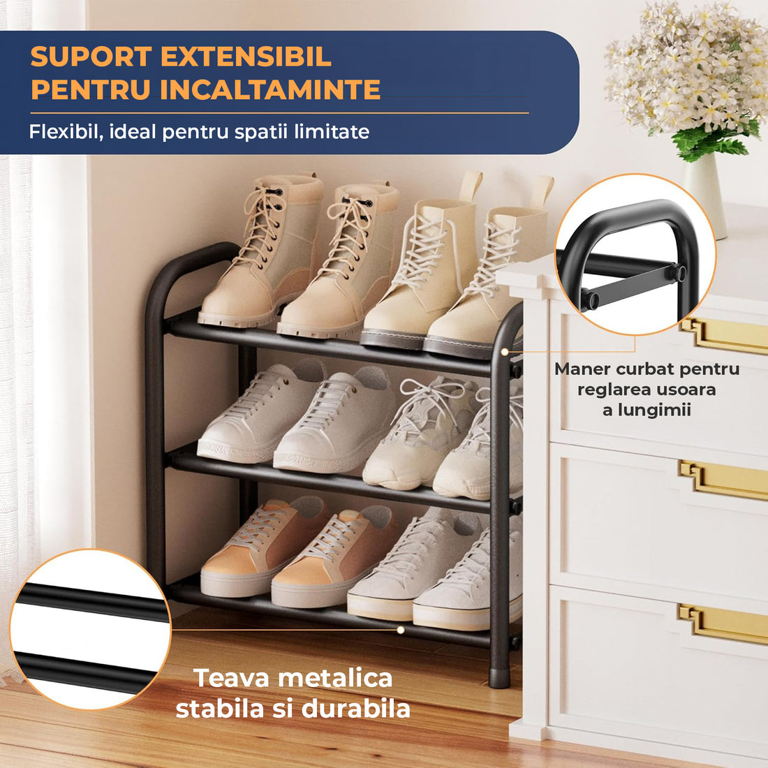 Organizator Extensibil pentru Pantofi Elindor® Pantofar cu 3 Nivele Mari, Fara Gauri, Suport Metalic pentru Papuci, Dulap Hol, Dormitor, Economisire Spatiu, Depozitare Incaltaminte, 45–83 × 22.6 × 43.3 cm, Negru