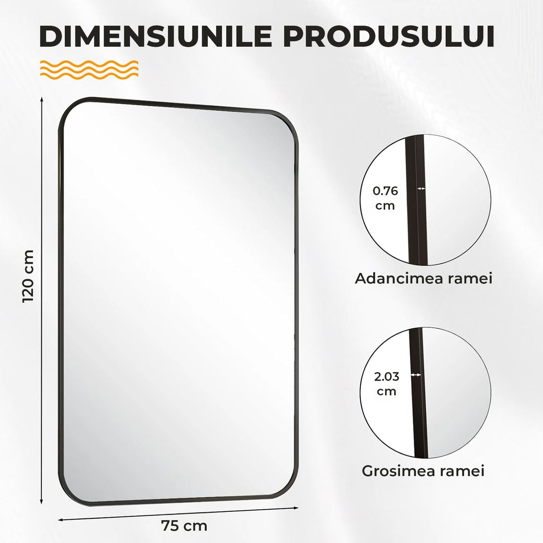 Oglinda Decorativa 122x75 cmElindor® Agatare pe Perete sau Sprijinita, Neagra, Dreptunghiulara, Colturi Rotunjite, Moderna si Eleganta, Reflexie HD, Sticla fara Distorsiuni, Ideala pentru Dormitor, Living, Birou, Dressing, Hol, Baie, Rama Metalica,