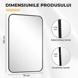 Oglinda Decorativa 122x75 cmElindor® Agatare pe Perete sau Sprijinita, Neagra, Dreptunghiulara, Colturi Rotunjite, Moderna si Eleganta, Reflexie HD, Sticla fara Distorsiuni, Ideala pentru Dormitor, Living, Birou, Dressing, Hol, Baie, Rama Metalica,