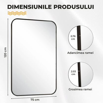 Oglinda Decorativa 122x75 cmElindor® Agatare pe Perete sau Sprijinita, Neagra, Dreptunghiulara, Colturi Rotunjite, Moderna si Eleganta, Reflexie HD, Sticla fara Distorsiuni, Ideala pentru Dormitor, Living, Birou, Dressing, Hol, Baie, Rama Metalica,