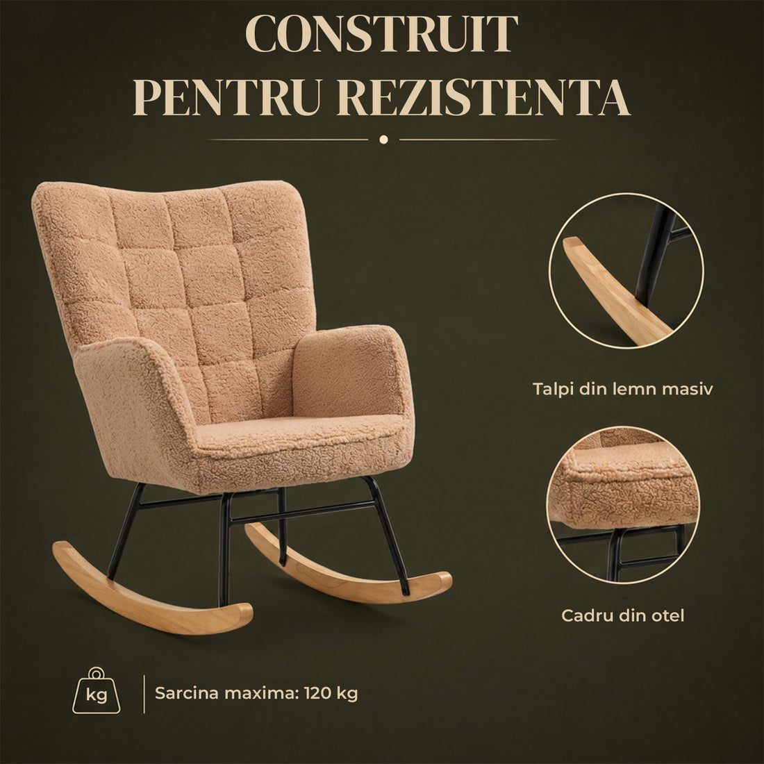 Fotoliu Balansoar Elindor® cu Spatar Inalt, Pufos, Ergonomic, Cadru Solid din Otel si Lemn, Suporta 120 kg, Ideal pentru Camera Copilului, Living sau Dormitor, 101 × 98× 71 cm, Maro