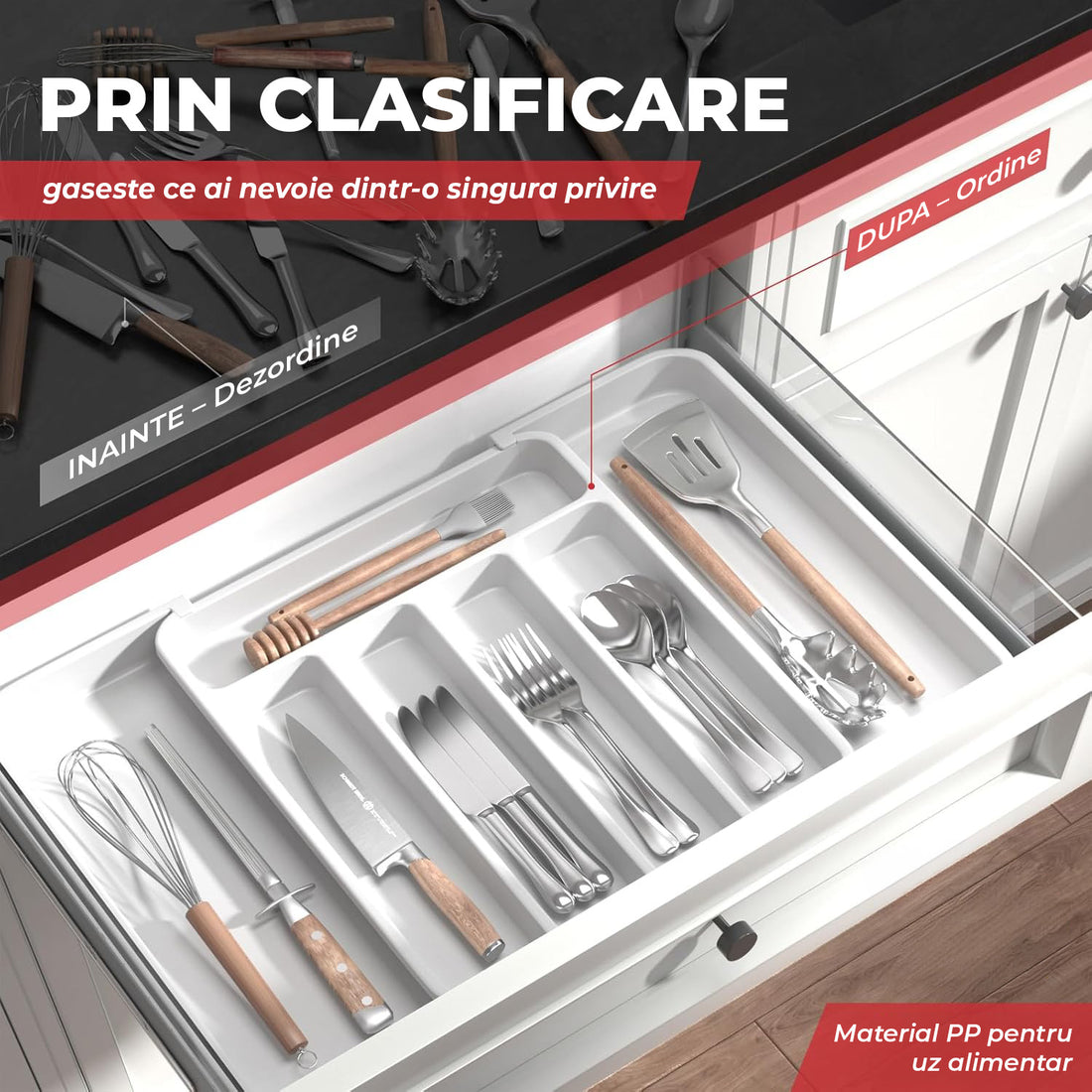 Organizator Elindor® pentru Tacamuri si Ustensile de Bucatarie, 5-7 Compartimente, Sertar Extensibil, Suport Ajustabil pentru Cutite, Linguri, Furculite, Accesorii Bucatarie, Separator Sertar, 32 × 22 × 4 cm, Alb