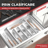Organizator Elindor® pentru Tacamuri si Ustensile de Bucatarie, 5-7 Compartimente, Sertar Extensibil, Suport Ajustabil pentru Cutite, Linguri, Furculite, Accesorii Bucatarie, Separator Sertar, 32 × 22 × 4 cm, Alb
