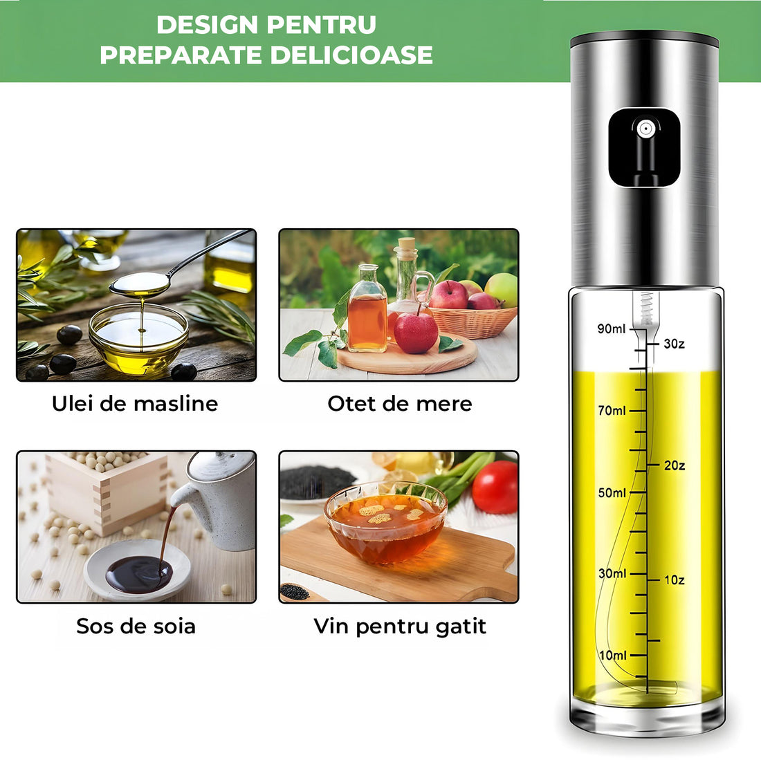 Pulverizator Ulei Elindor®, Oliviera 100ml, Sticla Dozatoare Multifunctionala, Control Precis, pentru Gatit, Friteuza cu Aer, Salate  Material Sticla si PVC, Argintiu