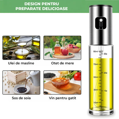 Pulverizator Ulei Elindor®, Oliviera 100ml, Sticla Dozatoare Multifunctionala, Control Precis, pentru Gatit, Friteuza cu Aer, Salate  Material Sticla si PVC, Argintiu