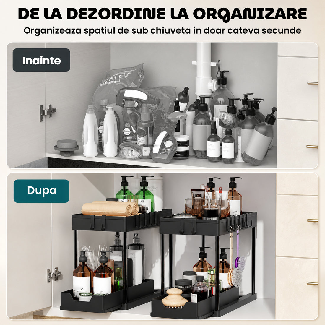Organizator Multifunctional Elindor® pe 2 Nivele, Sertar Glisant Organizare, pe Blat sau in Dulap sub Chiuveta, 16 Carlige, Suport Plastic, pentru Bucatarie, Baie, Camara, Bar, Raft cu Sertare Depozitare Legume, Detergenti, Parfumuri, 39.5x21.6x39, Negru