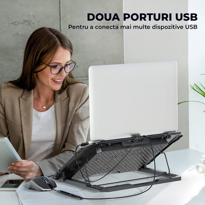 Cooler Laptop Gaming RGB Elindor® Suport cu Unghi Reglabil pe 6 Nivele, Dimensiuni Compatabile 13-15.6 Inch, 6 Ventilatoare Puternice si Silentioase 25dB, Viteza Ajustabila, 2 Porturi USB, pentru Birou, Calatorii, 41.6 x 28.5 x 2.8 cm, Negru
